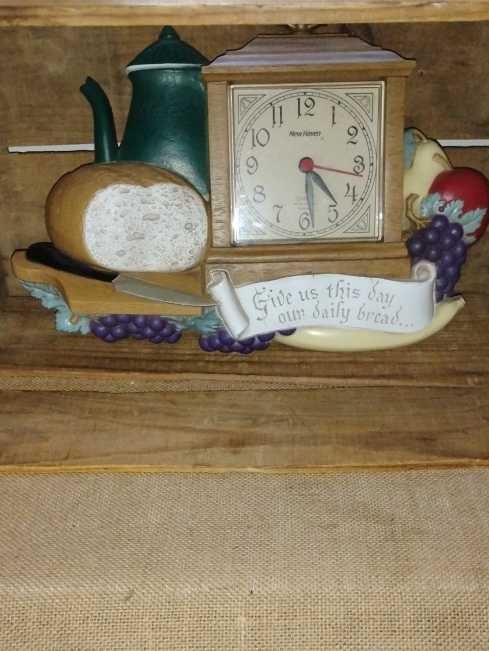 Vintage Burwood Kitchen Clock Plaque "Give Us This Day Our Daily Bread" WORKS!